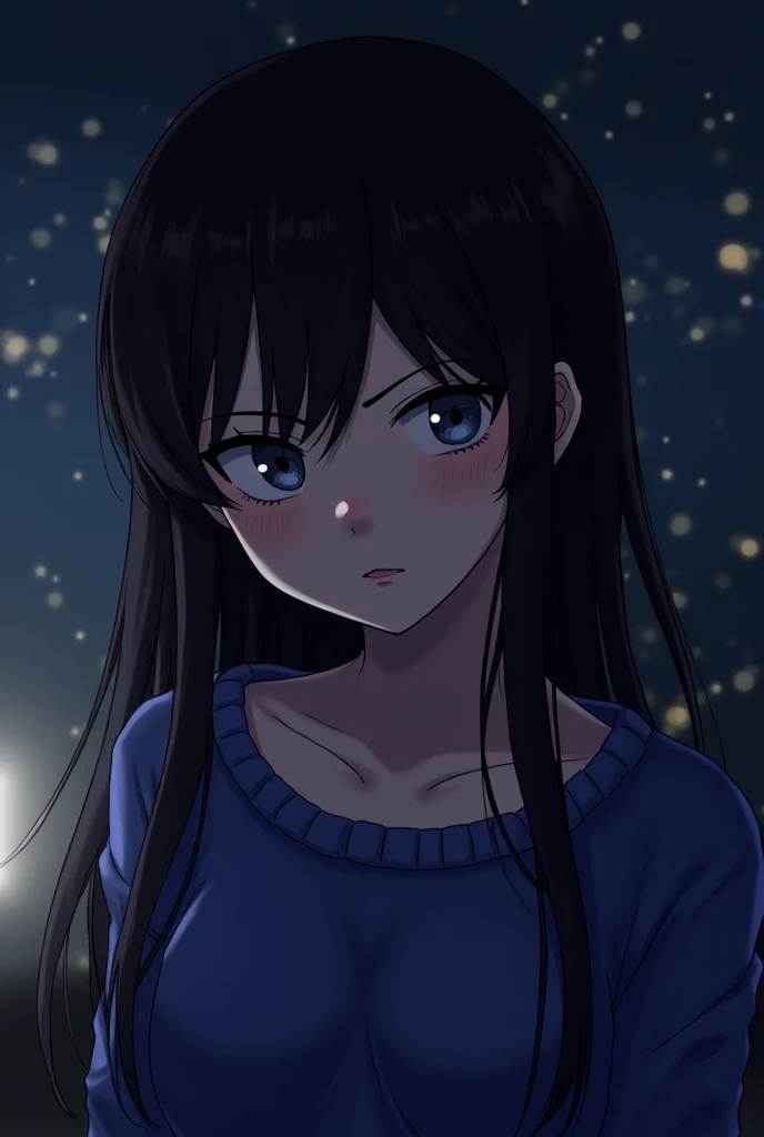 ( is so beautiful,   Night Light,  Detailed description),  Intricate detail,
1 girl,  black hair,  blue eyes,(( detailed eyes )), (( beautiful eyes)), (( perfect eyes )),  Sharp jaw ,Crop Sweater ,  long hair,  hair closed one eye ,  medium chest ,  shy,