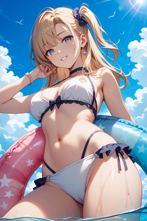 Very detailed CG、Top quality、４k、 red and black mesh hair long below the waist、 One Side Up 、Clear Eyes、One 18-year-old daughter 、 white bikini、 men with 、 summer sunshine、coastal、 sandy beaches、Sexy pose with a float on her back and a sexy expression、