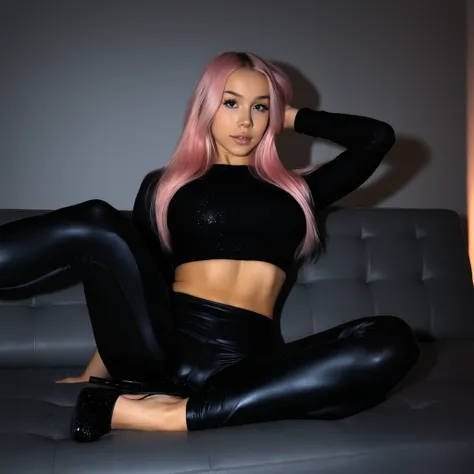 Stable_Yogis_PDXL_Positives score_9, score_8_up, score_7_up, score_6_up, 1girl, solo, long pink hair, seated elegantly on a neutral-toned couch, dressed in a deep-cut black crop top that enhances her large chest and high-waisted leather leggings that frame...