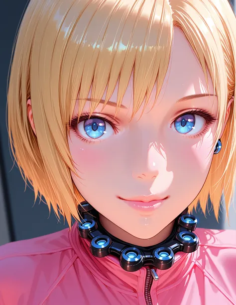 Full body portrait of a brunette woman with blonde streaks wearing a (GANTZ) semi-realistic, confident, shallow depth of field --ar 2:3-,
(pink short hair:1.2),(blue eyes:1.1)