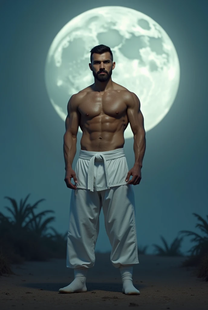 4k, realistic, east asian muscle young male, van dyke beard, short black hair, shirtless, white karate trouser, white socks, moon in background