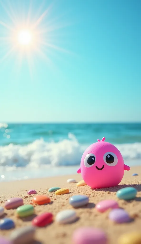  A small pink mini people with expressive eyes on the sand of a beach with colorful pebbles on the sand,  A Radiant Sun , In the background the blue sea is extensive with waves and crystal clear waters