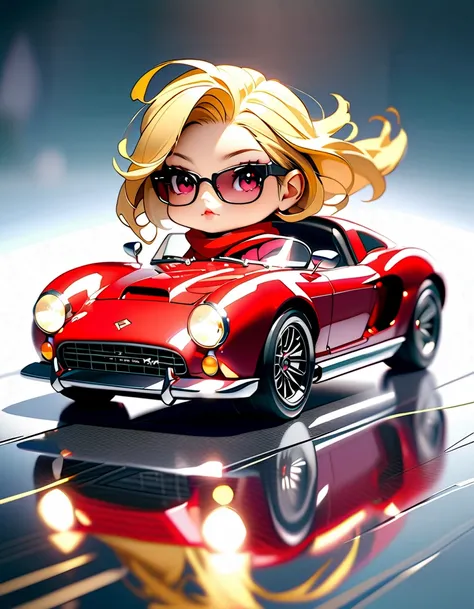 (Photorealistic vintage open sports car), detailed chrome trim, smooth red body, glossy black rims, glossy paint, Woman in sunglasses, blonde, scarf、cute girl driving, dramatic lighting, cinematic angles, intricate engine details, reflective surfaces, , ((...