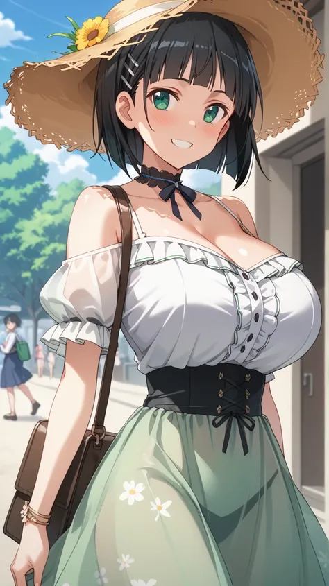 suguha kirigaya, short hair, black hair, hair ornament, hairclip, green eyes, huge breasts, white blouse, frilled blouse, bare shoulders, short sleeves, choker, )bustle skirt:1.3), green friiled skirt, (see-through laced frill skirt:1.2), straw hat, should...