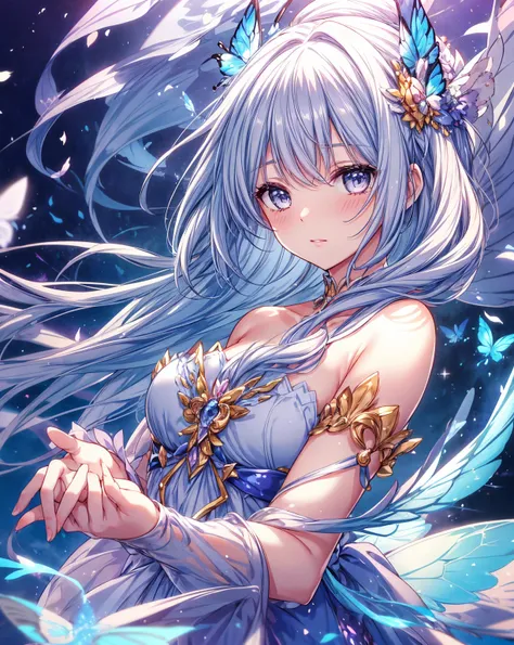 Anime-style of seraphina, the Dream Keeper.  Macro eyes shot. cute blue butterfly wings, ethereal blue hair with silver highlights, reminiscent of twilight. Her eyes are a deep, intense blue, like the morning sky. She wears a light, flowing lavender dress ...