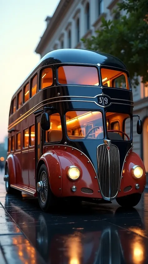 A futuristic yet sophisticated double-decker bus with an exterior design inspired by vintage sports cars. The body combines sleek, aerodynamic curves with retro aesthetics, featuring polished chrome details, exposed rivets, and a deep, glossy paint finish ...