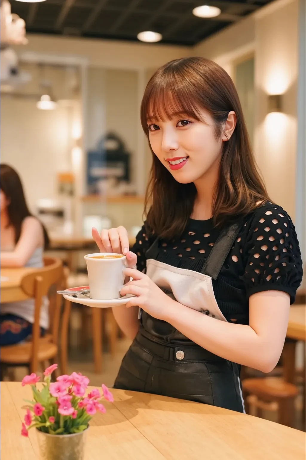 "A charming café interior with warm lighting and cozy wooden furniture. A cheerful and cute female barista, wearing a neat apron and a gentle smile, is gracefully carrying a steaming coffee cup to a table. She has shoulder-length hair, styled neatly, and i...