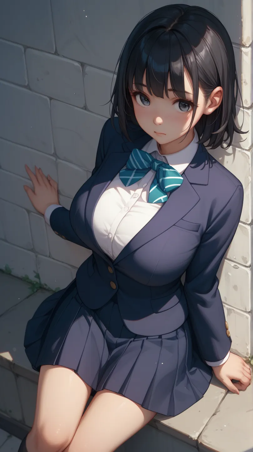  black hair、Big Breasts、 anime、 angle from above 、Wall-don、 cute、School、evening、 black hairのセミロング、 blazer、ribbon、 skirt、 looks good
