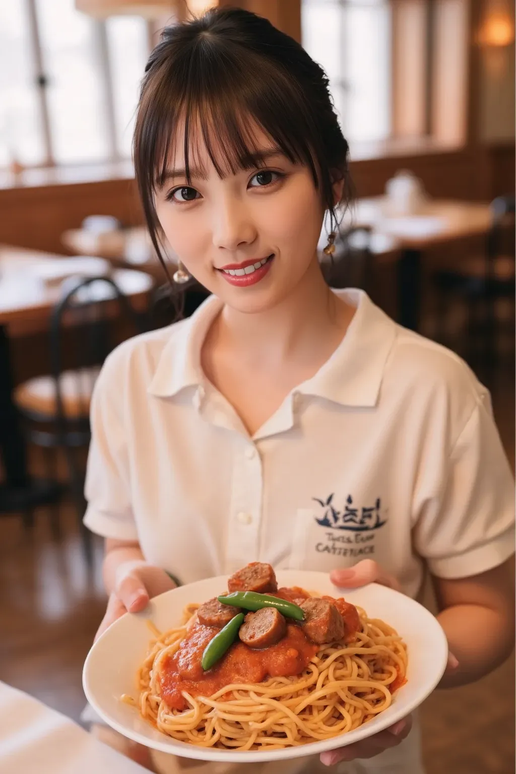 "A cheerful waitress in a casual diner uniform carrying a plate of freshly made Neapolitan spaghetti. The background shows a cozy family restaurant setting with tables, chairs, and warm lighting. The waitress has a friendly smile and is approaching the vie...