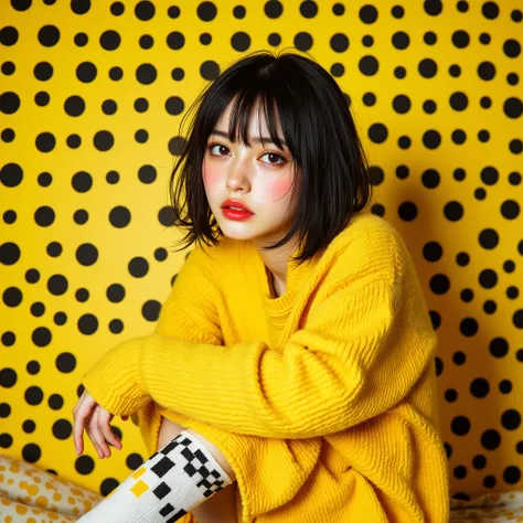 8k,  masterpiece,  best quality,  Beautiful Korean Women ,  short black hair bob cut , bangs,  yellow clothes, Polka dot background,  Brilliant Yellow and Black Color Schemes,  geometric patterns , Mod Fashion,  1960s Inspired  , Checkered socks,  sitting ...