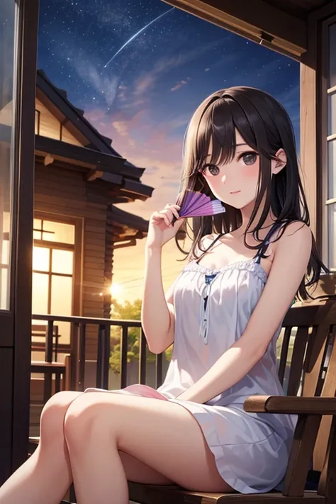  best quality、 high resolution、  detailed background、 Beautiful Face Every Detail 、 detailed expressions 、 age Beauty 、Cute hair color、 Cute Hairstyle 、
 House at dusk 、Sitting on the porch、 let's relax 、 fan cool 、 fan spinning sound 、 let's relax 、Summer...