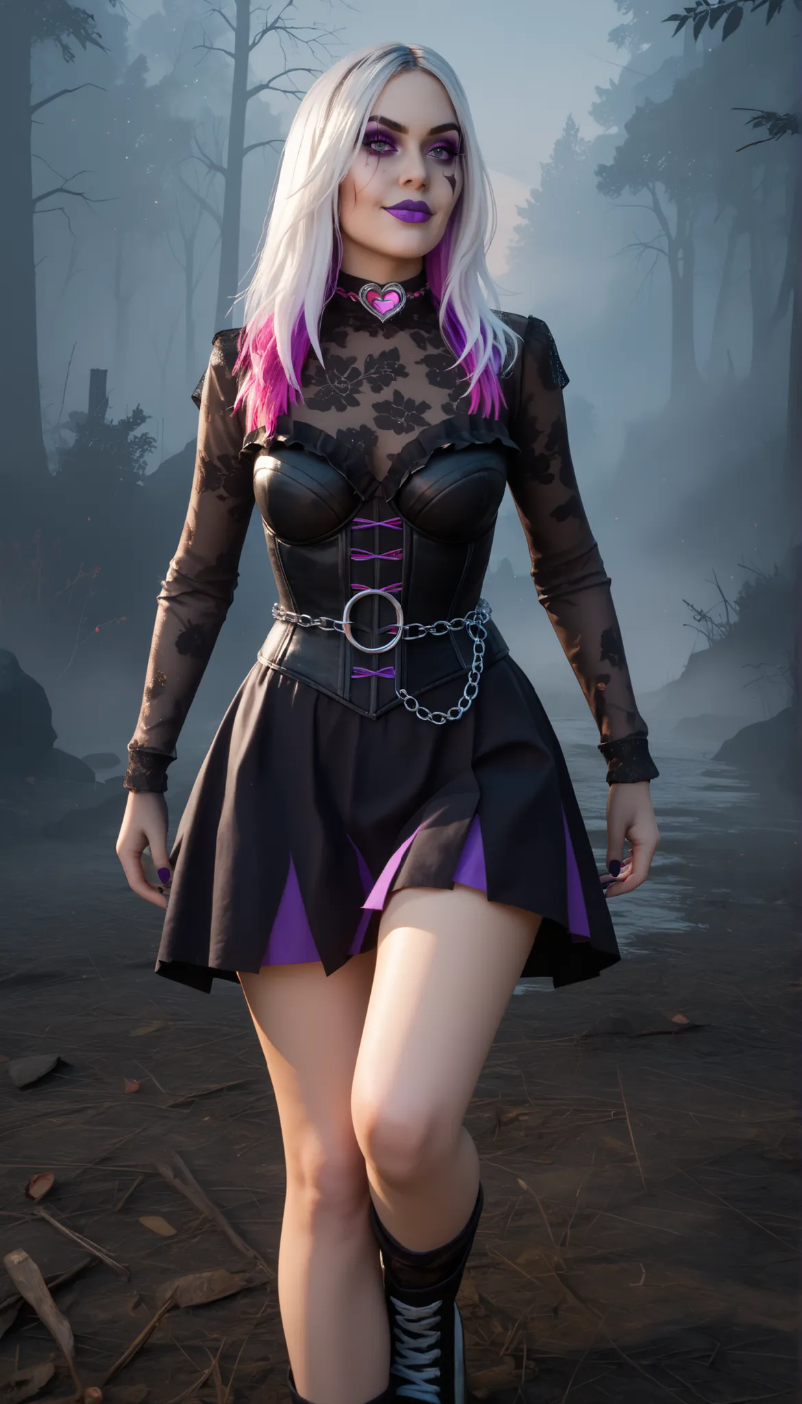 white multicolored hair pink roots, facial tattoo, purple mascara, purple lips, sableward1x, blacklace (default), during the night. (she is running, evil smirk, ), The atmosphere is spooky and there is a fog surrounding the forest, dark forest and stones i...