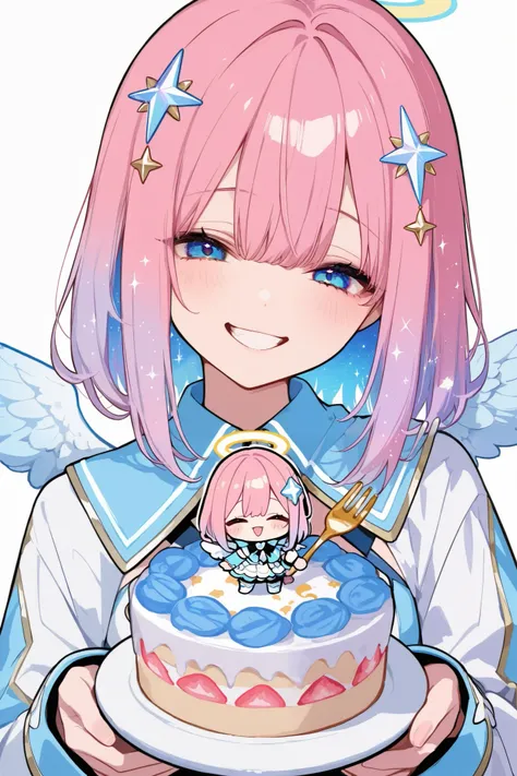 General,xxx667_illu,748cmstyle,trk,pop art, pop Art,Etching,best quality,highly detailed,chibi style,1girl,long pink hair,white and blue angelic outfit,small wings,holding cake and fork,smiling happily,celestial hair ornament,white background,playful mood,...
