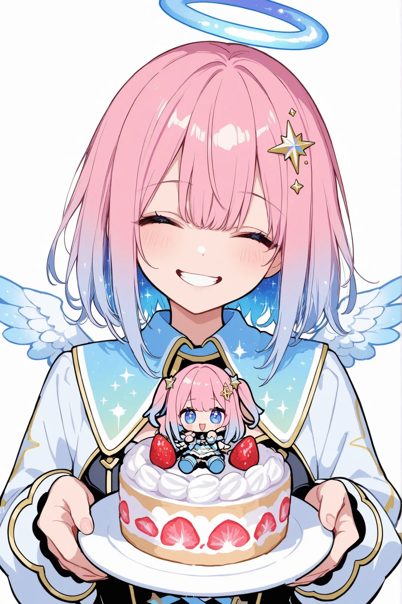 General,xxx667_illu,748cmstyle,trk,pop art, pop Art,Etching,best quality,highly detailed,chibi style,1girl,long pink hair,white and blue angelic outfit,small wings,holding cake and fork,smiling happily,celestial hair ornament,white background,playful mood,...