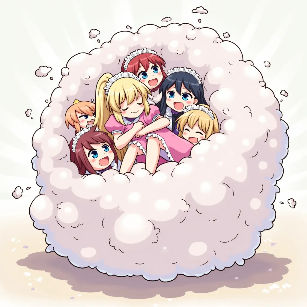 An anime-style illustration depicting many maids and princess playfully wrestling with each other inside a  comical fight cloud.
each maid has different colored hair.one princss with blonde long braided and blue-eyes and pink-dress.
their faces,hands,and f...