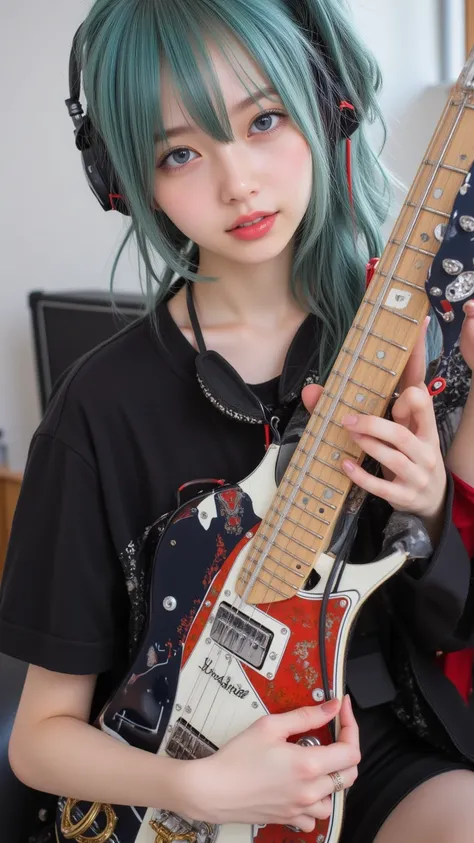 ( Masterpiece、 best quality))、 1girl 、sweat、Droplets、blush、solo、 Black Skirts 、 blue eyes、Hotei Torayasu model telecaster,  Electric Guitars、 Electric Guitarsを弾く、 headphones、Keep、ピックをKeep、musical instrument、 long hair、 music、 One Side Up 、Teal hair ,  pony...