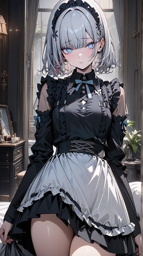     front view、room、   maid outfit、 upper body+    thighs（  was taken by a cowboy）、 Brush、    staring at you   、   masterpiece,    top quality with beautiful eyes ,       very detailed about trends   ,       complicated   ,    More details,     beautiful e...