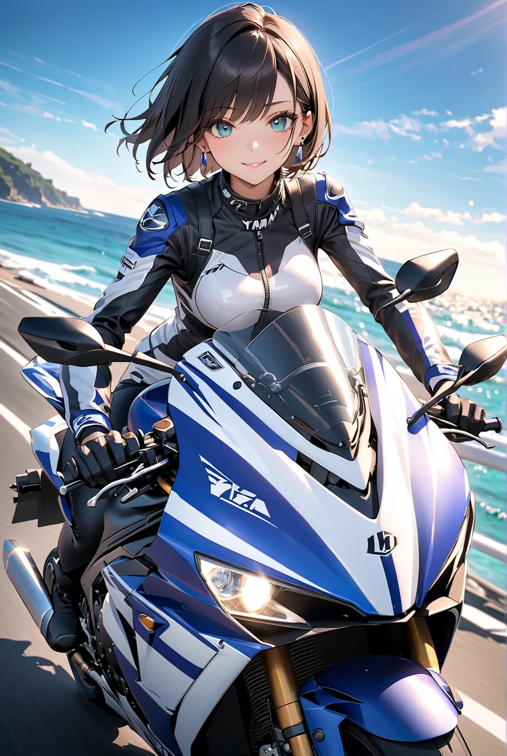 Beautiful woman riding motorcycle YAMAHA YZF R1M, white headlight, rocket cowl, full view of motorcycle, glowing exhaust pipe, super wide angle, shiny brown skin, riding wear, slim legs, cinematic lighting effects, attractive, many awards, Japanese beauty,...