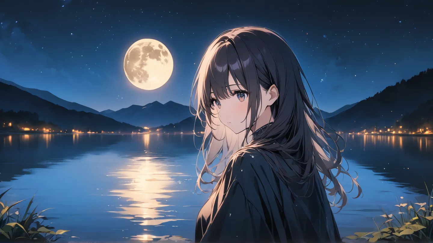 ,  super high resolution,    attention to detail  ,   high quality,   a woman with long dark hair  ,I can see the moon,lake,
Mysterious
