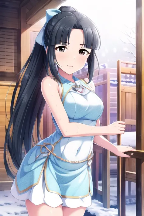  masterpiece,  best quality,  high resolution,  1 girl, Alone,  long hair,   black hair,  ponytail,  split bangs on a small penis,  brown eyes, snow,white tight dress,,Clothes with transparent underwear , long skirt , is wet from,  standing,  was taken by ...