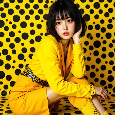 8k,  masterpiece,  best quality,  Beautiful Korean Women ,  short black hair bob cut , bangs,  yellow clothes, Polka dot background,  Brilliant Yellow and Black Color Schemes,  geometric patterns , Mod Fashion,  1960s Inspired  , Checkered socks,  sitting ...