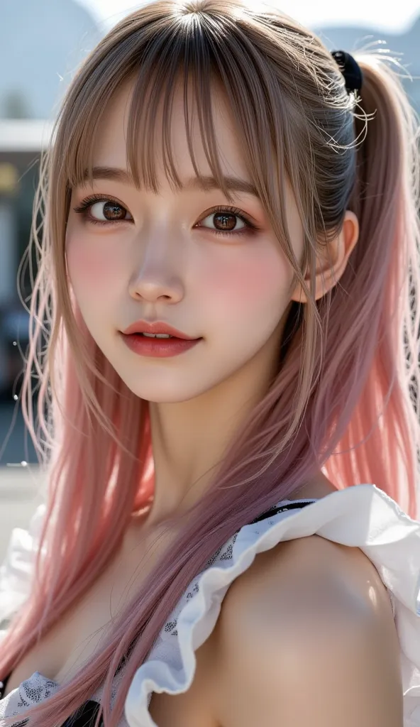  super real,  Photorealistic,  dramatic scene, shadow, Global Illumination, Alone, (  the gentle sunlight shining through a famous Japanese idol girl ),   very beautiful and fragile Japanese girl  ,  Very Beautiful with a Very Cute Face , A long black doub...