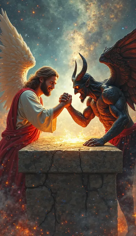 "An epic, otherworldly arm-wrestling battle between Jesus Christ and Satan, set on the edge of a cosmic battlefield. Christ, with flowing brown hair, a red and white robe, and a golden divine aura, grips Satan’s hand with unshakable strength. His expressio...