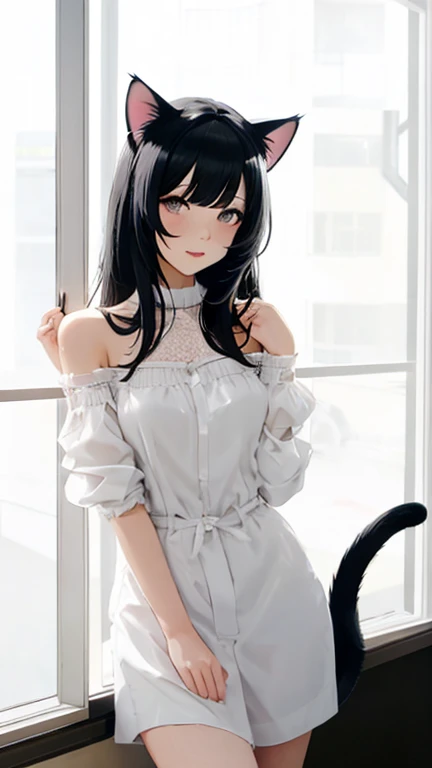      black hair, Glass, cat ears, cat&#39;  s Tail, Maid,    shopping at the market   