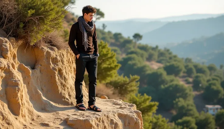 "A young man standing on the edge of a rugged, sandy cliff in a natural outdoor setting during late afternoon. The terrain is eroded, showing sharp edges and deep grooves. He is dressed in a dark brown sweater, black pants, and a patterned scarf draped aro...