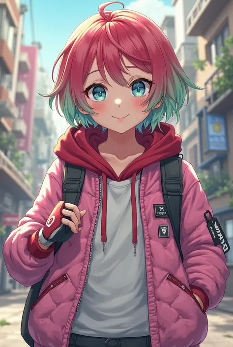 I'm Junka Jinno, a girl with short red and light green hair, blue eyes, wearing a pink jacket with white undershirt, a dark red hoodie, gloves that do not cover fingers