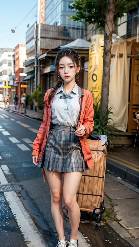 a beautiful 18 year old Japanese high school girl with perfect anatomy, healthy thighs, beautiful legs, beautiful skin, random hair color and style, large breasts, (wearing a Japanese schoolgirl uniform:1.3), (she is standing:1.2), penny loafers, holding a...