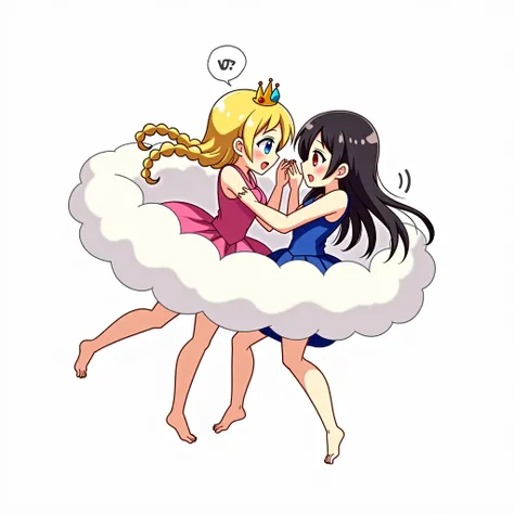 An anime-style illustration depicting princess and lady playfully wrestling with each other inside a comical fight cloud.
one princess with blonde braided and blue-eyes and pink-dress, and one lady with black long hiar and red-eyes and blue sleeveless-kimo...