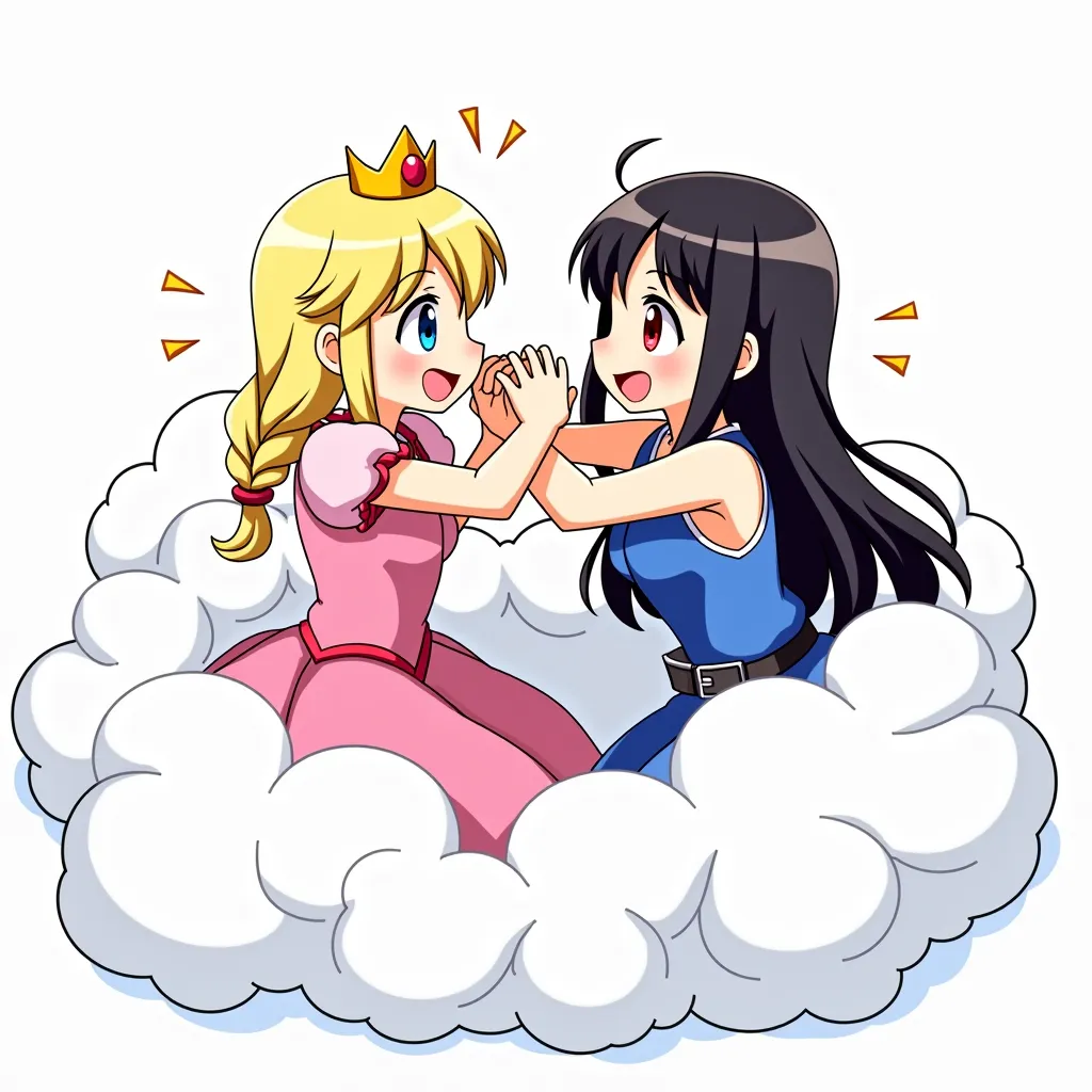 An anime-style illustration depicting princess and lady playfully wrestling with each other inside a comical fight cloud.
one princess with blonde braided and blue-eyes and pink-dress, and one lady with black long hiar and red-eyes and blue sleeveless-kimo...