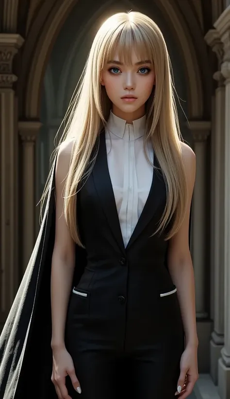 Vampire Girl、18 years old、 beautiful girl、blonde super long hair、 double teeth have become huge and look like fangs、 wearing a sleeveless tuxedo 、Wear a short cape 、The background is an old castle hallway 、