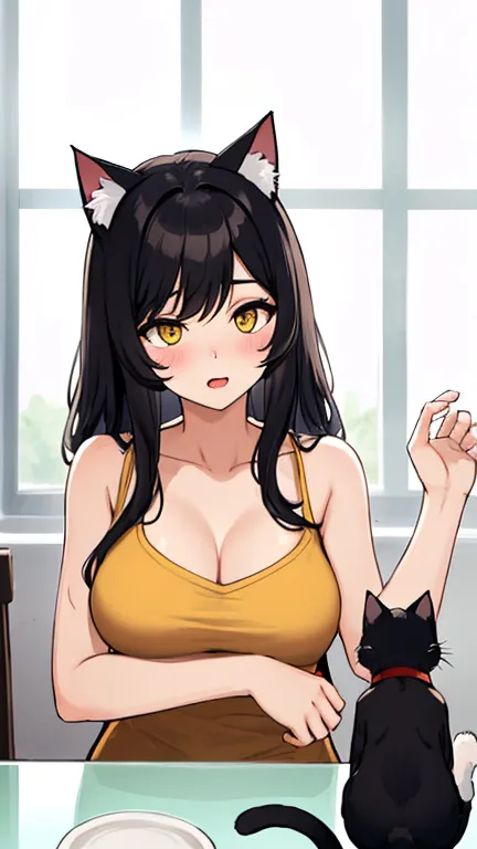        black hair, Glass, cat ears, cat&#39;   s Tail, Maid,     shopping at the market    