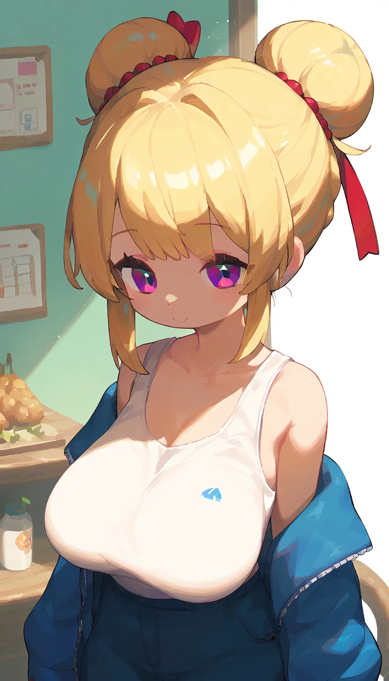  masterpiece,  best quality, rating:  General,  latest,   pixel art, 1 girl、 bun hair、Heavy bangs、 white tank top 、 Big Breasts