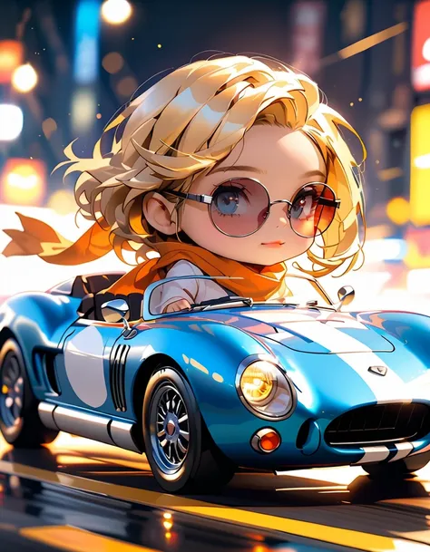 (Photorealistic vintage open sports car), detailed chrome trim, smooth blue body,white stripes, glossy black rims, glossy paint, Woman in sunglasses, blonde, scarf、cute girl driving, dramatic lighting, cinematic angles, intricate engine details, reflective...