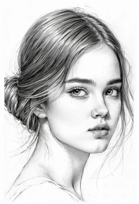 A delicate ,  The graphite sketch depicts a naked French girl,  Her features are rendered with subtle shading and precise lines . The composition is compact, Focusing on sweetness、beauty、A serene face,  Very big eyes , Thick, long eyebrows, The nose is tal...