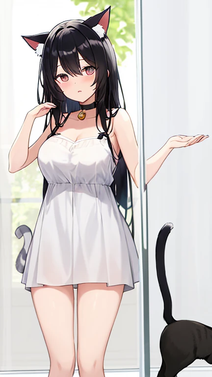        black hair, Glass, cat ears, cat&#39;   s Tail, Maid,     shopping at the market    