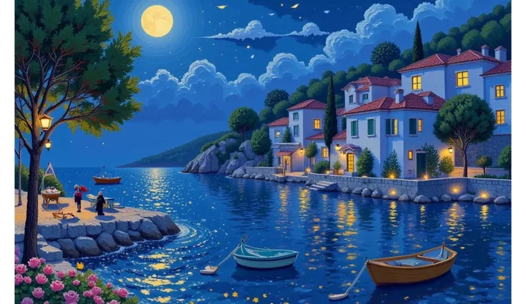  depicts a night view of a boat in the water, Rob Alexander  ,  CG Association Contest inspired by Cao Buxing, Simple Art,  Mediterranean Fishing Village ,  Sparkling Bay , Mediterranean landscape ,  Artjam and Gailan , Mediterranean landscape , Detailed D...