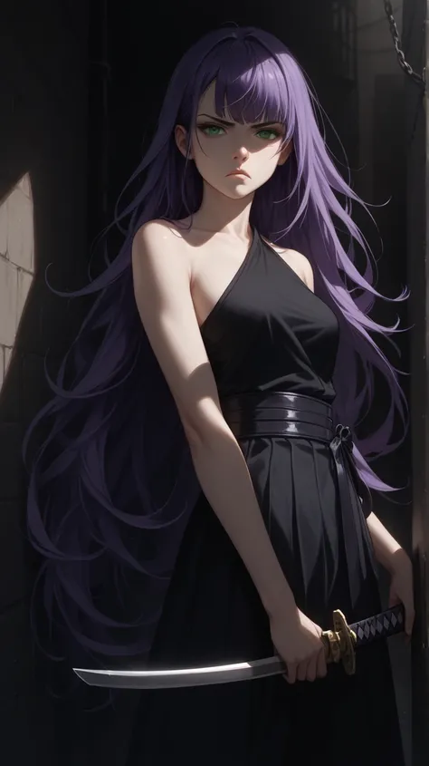  A young woman with long and long straight purple hair,  with a long lock covering the left side of her face ,  penetrating green eyes, a pale white skin ,  slender body, high,  Serious expression, dressed like a murderer  ,  in a dark alley in the middle ...