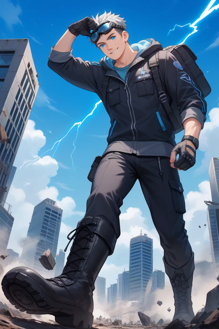 Male in his 20s ,physique man,Lower the bangs on gray two-block hair,fresh blue sky blue eyes, black hooded jumper with blue sun points,  black pants,Military boots,  pleasant smile ,  Destroyed City Background,  black half gloves, , blue lightning surroun...