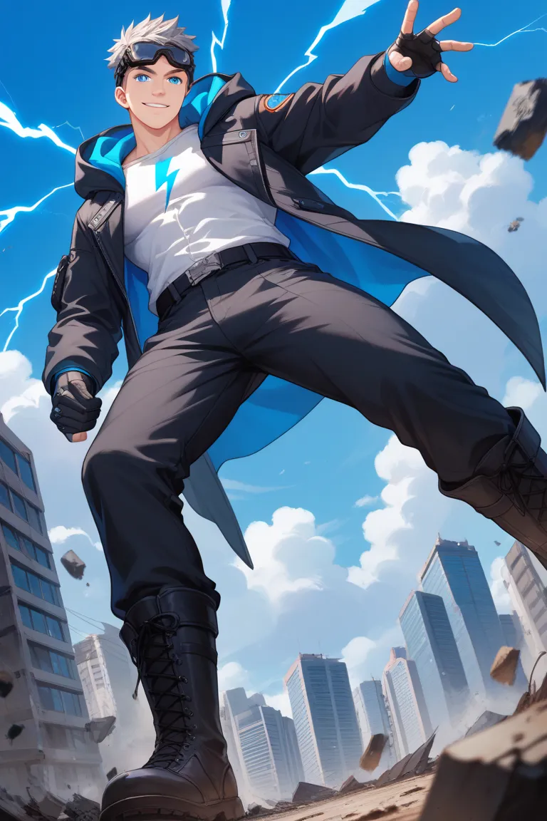 Male in his 20s ,physique man,Lower the bangs on gray two-block hair,fresh blue sky blue eyes, black hooded jumper with blue sun points,  black pants,Military boots,  pleasant smile ,  Destroyed City Background,  black half gloves, , blue lightning surroun...