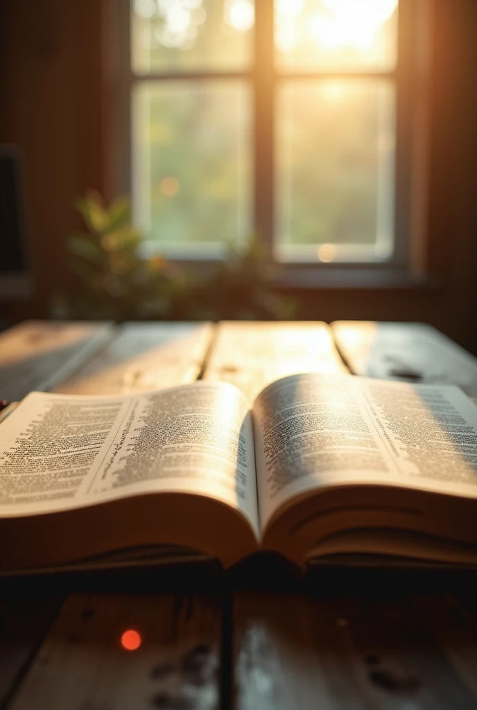 " An open Bible on a rustic wooden table ,  with its pages moving smoothly as if they were being flipped by the wind.  Sunlight comes through the window,  illuminating the sacred words and creating a welcoming and spiritual environment .  The background is...