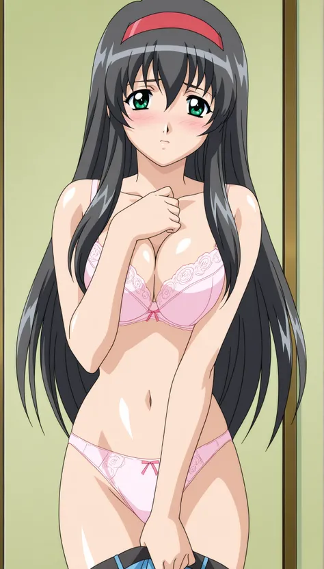 general,highres, ultra-detailed,very aesthetic,best quality ,best hands, BREAK Himeno_Yuuri_OVA, 1girl,, black hair, long hair, green eyes, red hairband, large breasts, bangs, sidelocks, hair between eyes 2010s (style), anime coloring, bra, lace, panties, ...
