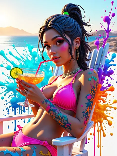 1girl, A tanned mixed-race model in fluorescent pink bikini lying sideways on a white wicker beach chair, biting a striped straw with mojito in hand. Captured mid-blink with dewdrops on eyelashes, wet hair strands clinging to collarbone under golden hour b...