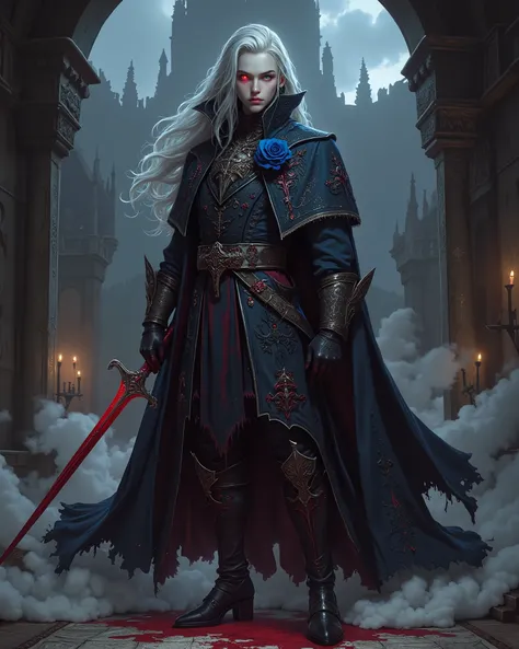 A full-body, cinematic 3D illustration of a young half-vampire man with long, flowing silver hair and piercing, blood-red eyes that glow intensely. His expression is calm yet predatory, with sharp features, high cheekbones, and a regal yet melancholic aura...