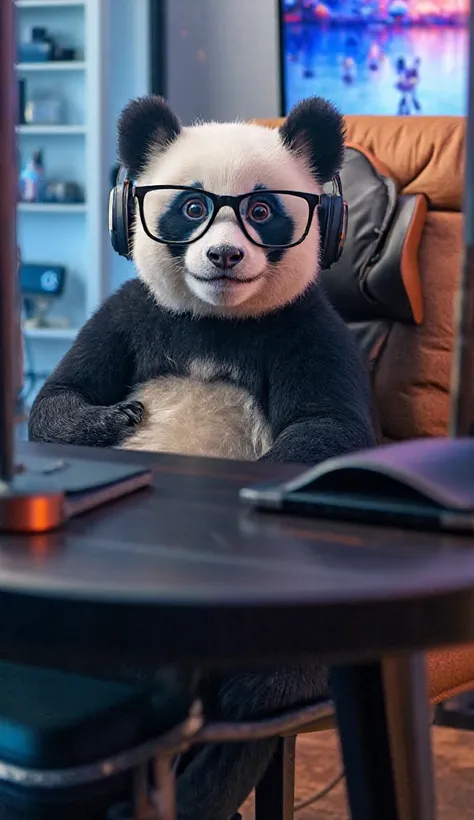  The photo shows an adorable panda with a serene and confident face. The bear is sitting at the table ,  with her hands neatly placed in front of her .  Wearing black glasses and a modern headset  .  Behind is a softly cushioned recliner and a computer scr...