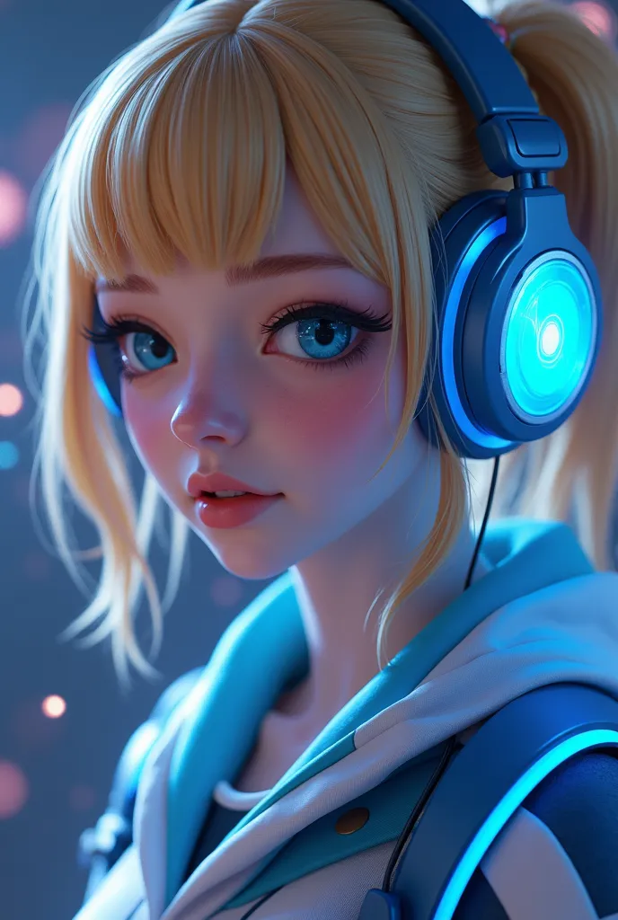 a close up of a person wearing a pair of headphones, a hologram inspired by Mei Qing, trending on cg society, realism, lucio as a woman, overwatch inspired, echo from overwatch, female lucio, senna from league of legends, as an overwatch character, lunar t...