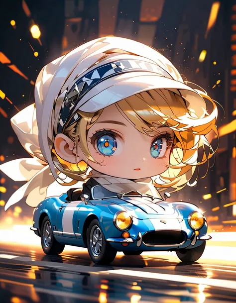 (Photorealistic vintage open sports car), detailed chrome trim, smooth blue body,white stripes, glossy black rims, glossy paint, Woman in sunglasses, blonde, scarf、head scarf、cute girl driving, dramatic lighting, cinematic angles, intricate engine details,...